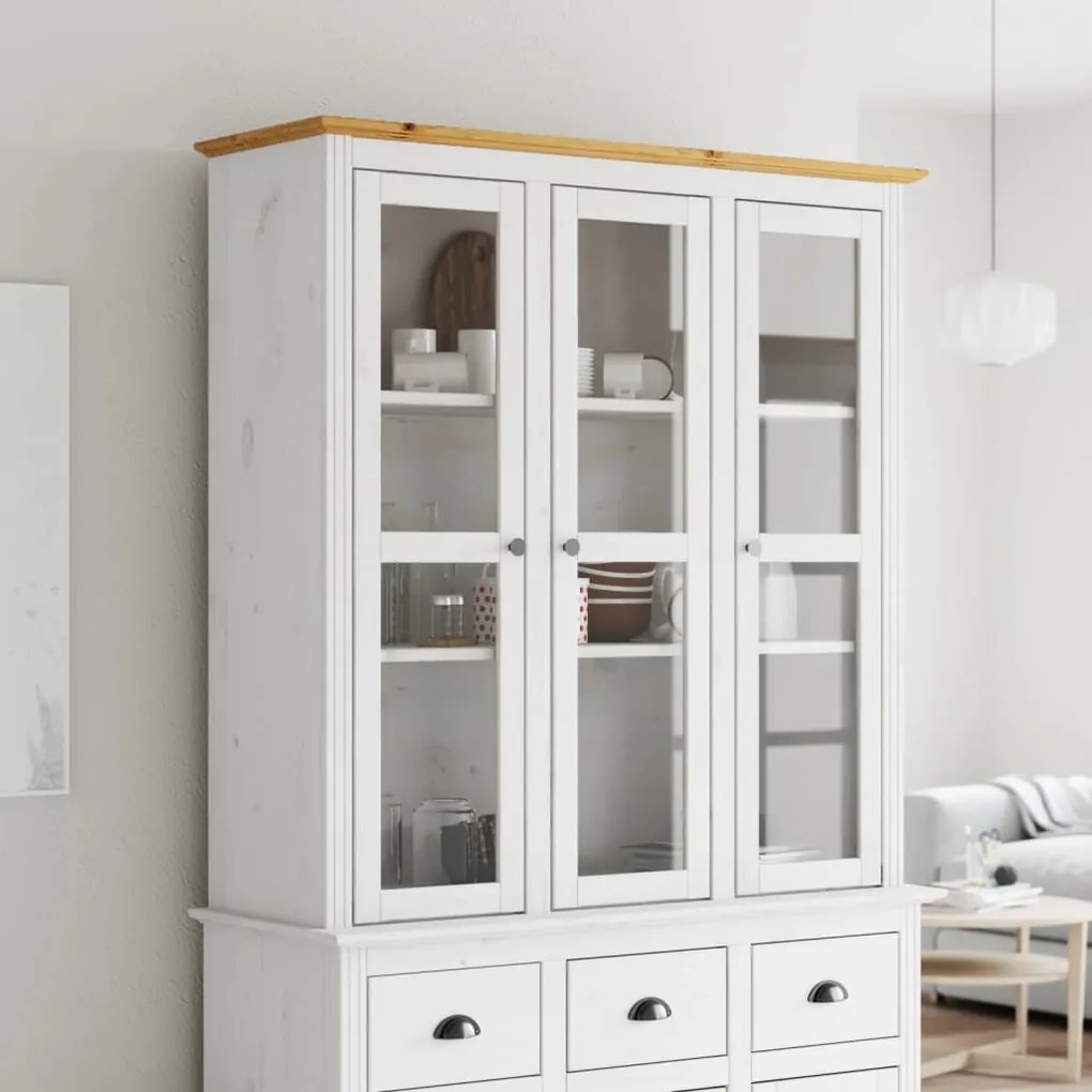 355078 vidaXL Armário c/ portas de vidro BODO pinho maciço branco e castanho