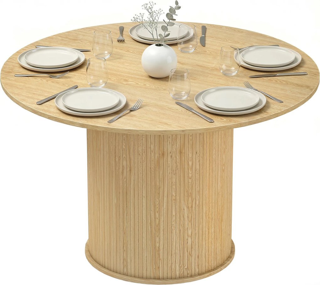 Mesa de jantar redonda para 5 pessoas, Ø 120 x 75 cm (CADEIRAS NÃO INCLUIDAS), mesa de cozinha com base cilíndrica canelada, madeira natural