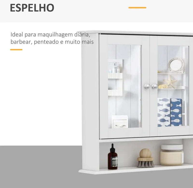 Armário de casa banho com parede de espelho com 2 portas 3 níveis de armazenamento de parede 56x13x58cm Branco