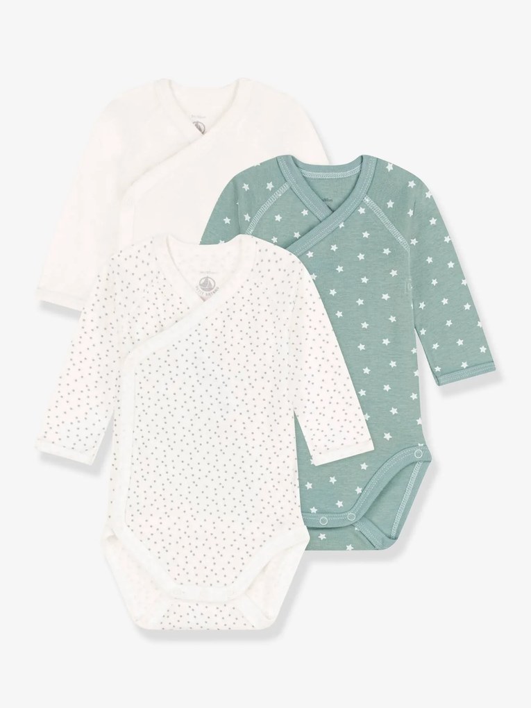 Lote de 3 bodies cruzados de mangas compridas, em algodão, da Petit Bateau branco estampado