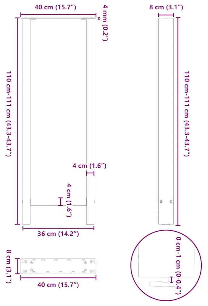 Pés de mesa de bar em aço natural, 2 peças, 40x (110-111) cm, aço