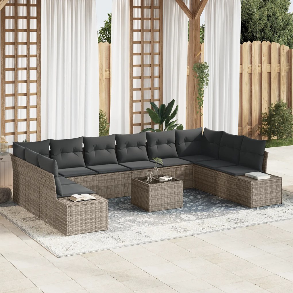 vidaXL Conjunto de Sofá de Jardim de 10 Peças com Almofadas Preto Rattan PE