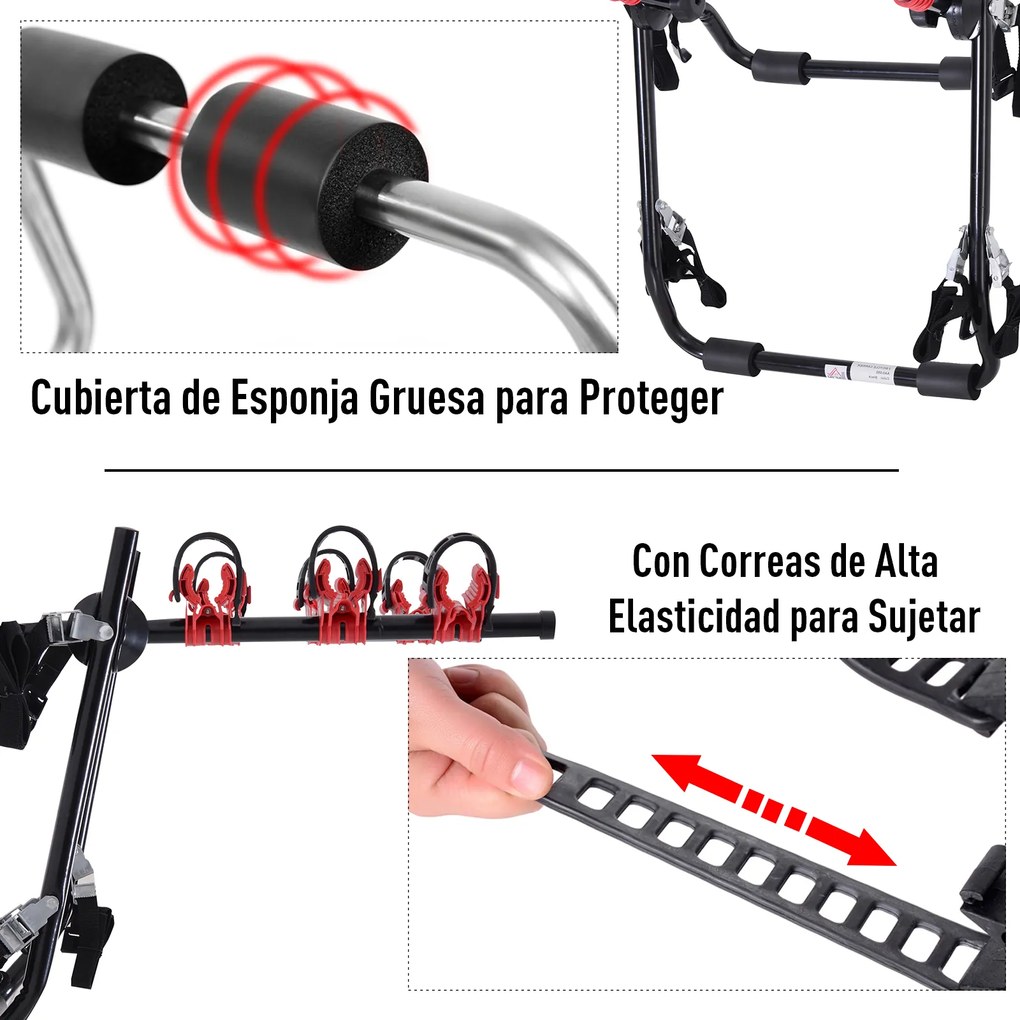 HOMCOM Suporte para Bicicletas Traseiro Dobrável com Correias Até 3 Bicicletas Suporte de Bicicleta Universal Carga 40 kg 68x52x60 cm Aço e Alumínio