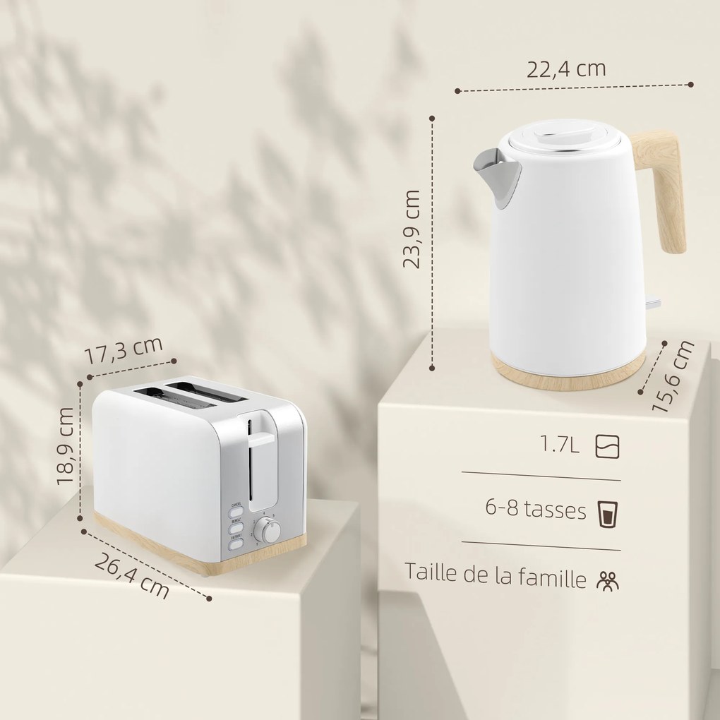 Conjunto de chaleira e torradeira, 1,7 L, 2200 W, torradeira para 2 fatias com 7 níveis de torragem, branco