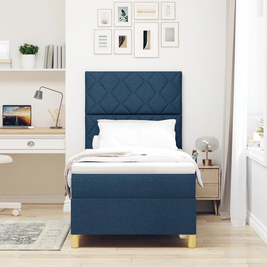 Cama Box com Colchão & LED Azul 90x200 cm Tecido