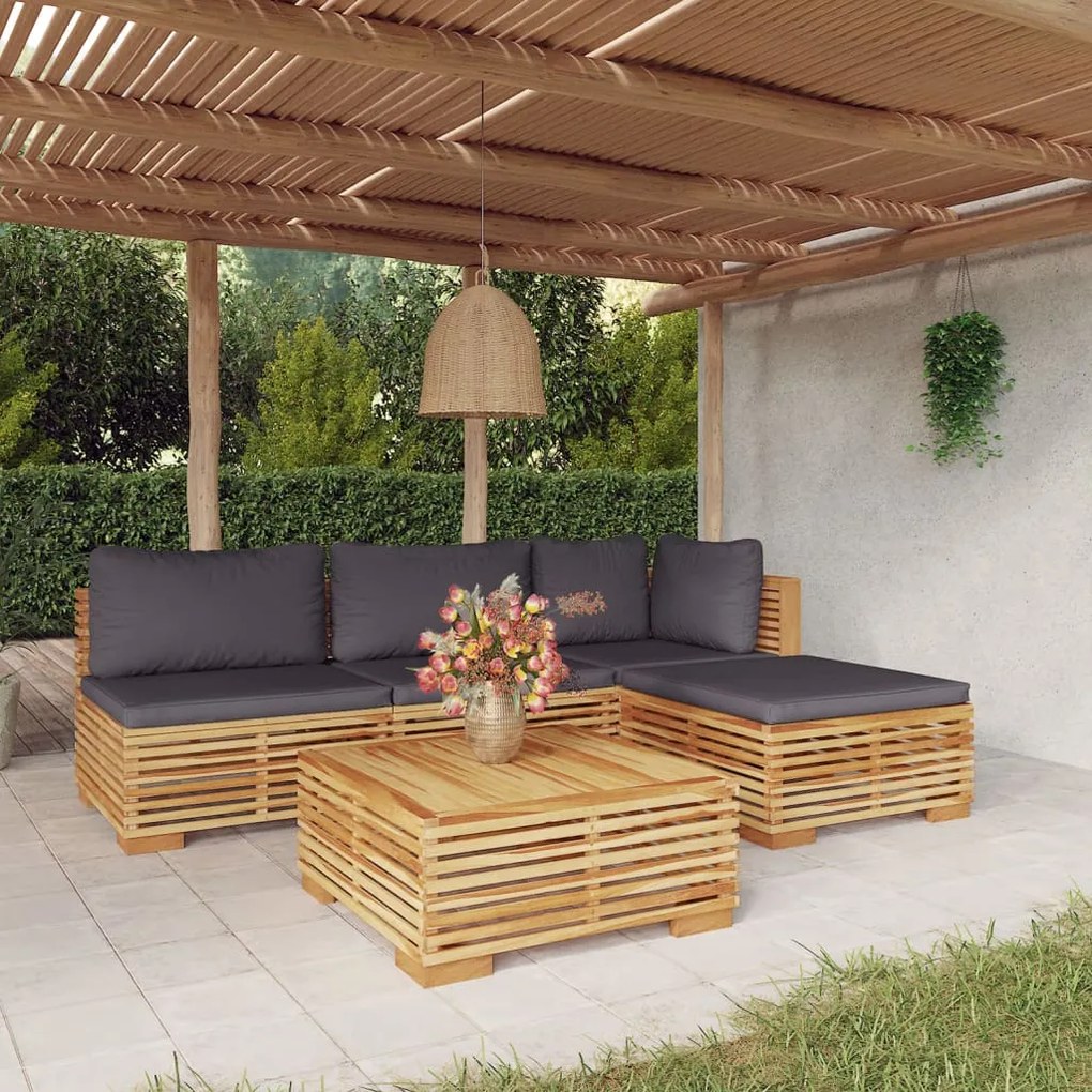 vidaXL 5 pcs conjunto lounge jardim c/ almofadões madeira teca maciça
