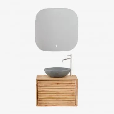 Conjunto De Móveis De Banheiro De Madeira Suspensos Deleyna Madeira Natural & Cimento Cinzento Redondo Ø40 Cm Tarsis & Quadrado - Sklum