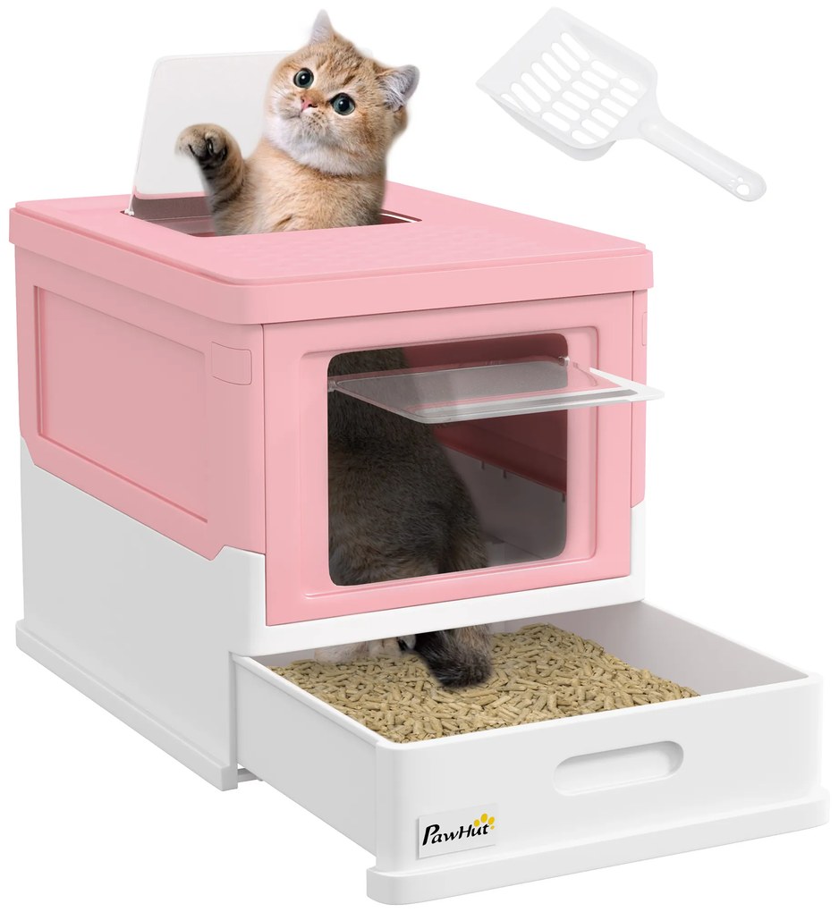 Caixa de Areia para Gatos Dobrável Caixa de Areia para Gatos Fechada com Bandeja Removível e Pá 47,5x35,5x36,7cm Rosa