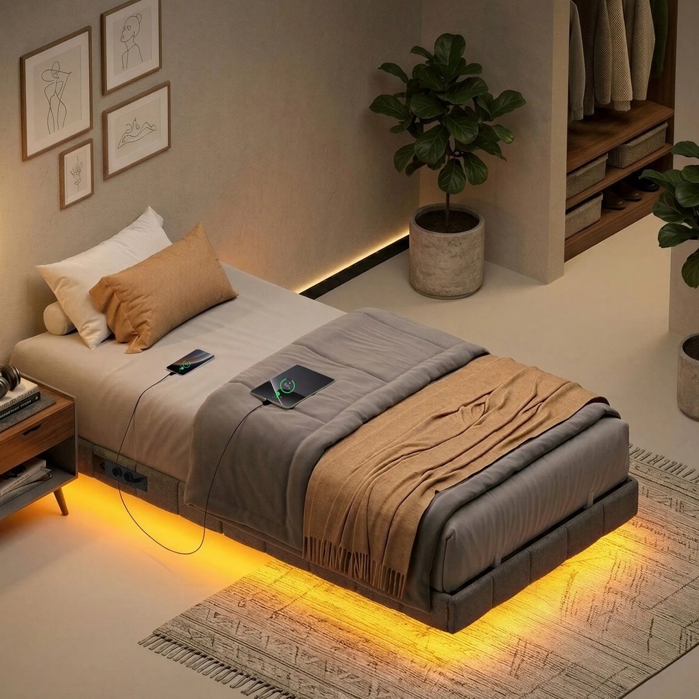 Estrutura de cama 90 x 200 cm (COLCHÃO NÃO INCLUIDO), com iluminação LED, base de cama cinzenta
