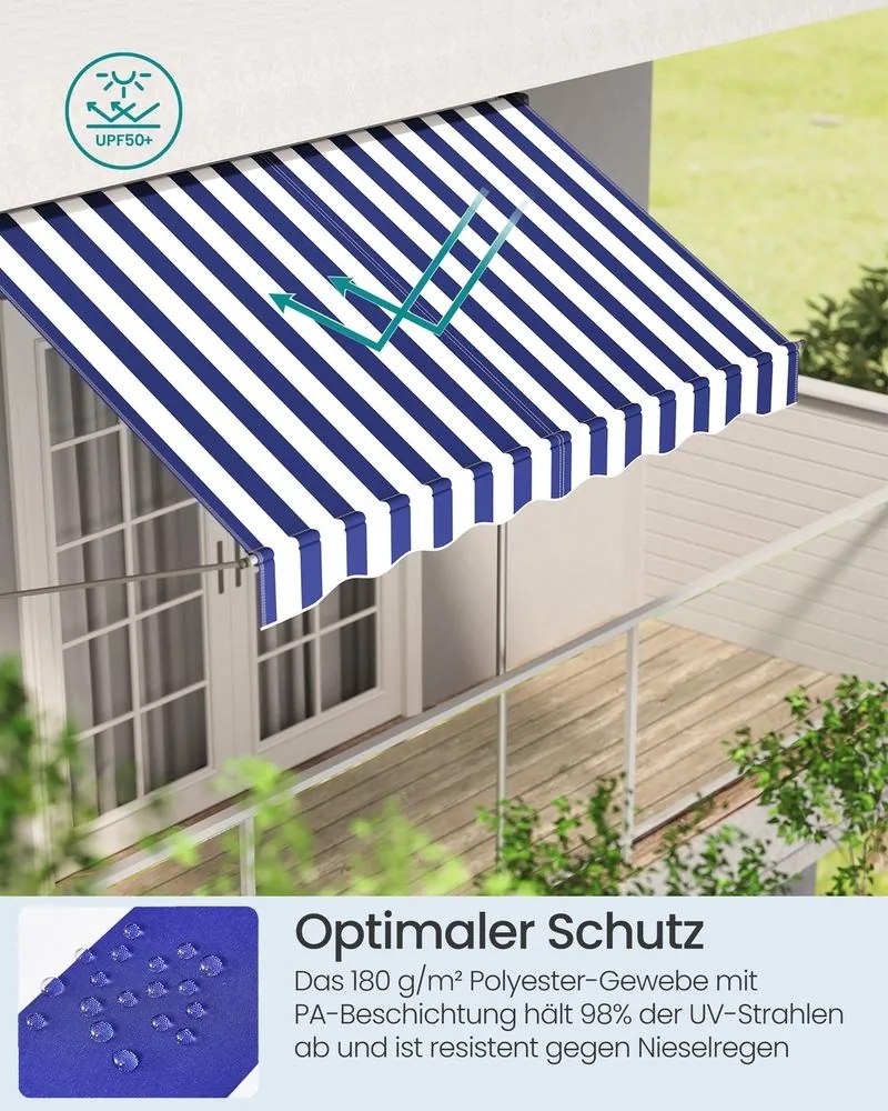 Toldo varanda 250 x 120 cm com manivela para proteção solar flexível, azul e branco