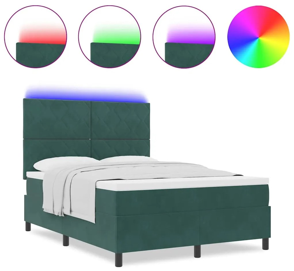 Cama Box Spring vidaXL com Colchão e LED Verde Escuro 140x200 cm Velud