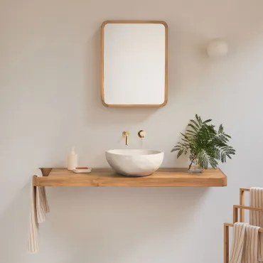 Conjunto De Móvel De Casa De Banho 130x45 Cm Suspenso Em Madeira De Teca Neill Madeira De Teca & Irregular Em Cimento - Sklum