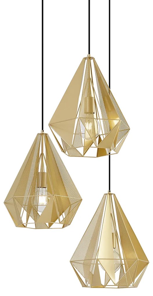 Candeeiro de suspensão industrial dourado com malha 3 luzes - Carcass Industrial
