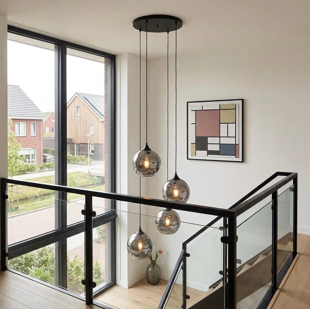 Candeeiro suspenso Art Deco preto com vidro fumado 4 luzes - Wallace