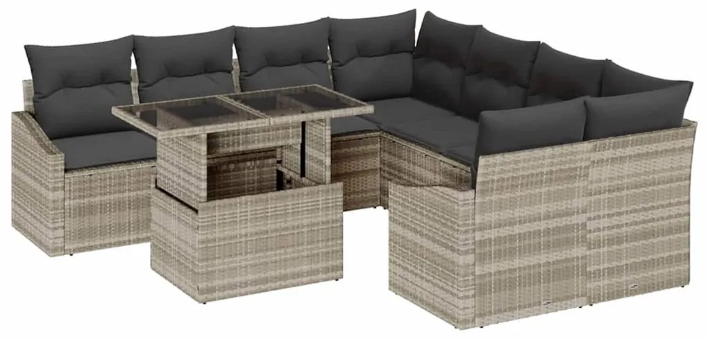 Conjunto de Sofá de Jardim de 9 Peças com Almofadas Cinza Claro em Rat