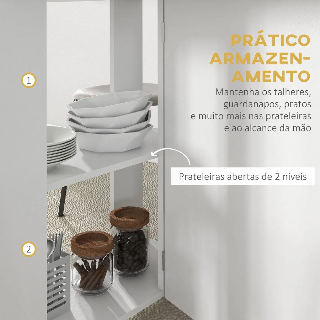 Mesa de Cozinha Dobrável com Rodas Laterais Rebatíveis e 2 Prateleiras Abertas Estilo Moderno 120x60x77 cm Branco