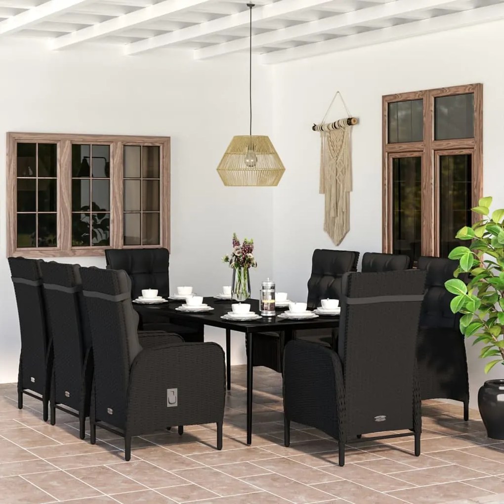 9 pcs conjunto de jantar para jardim com almofadões preto