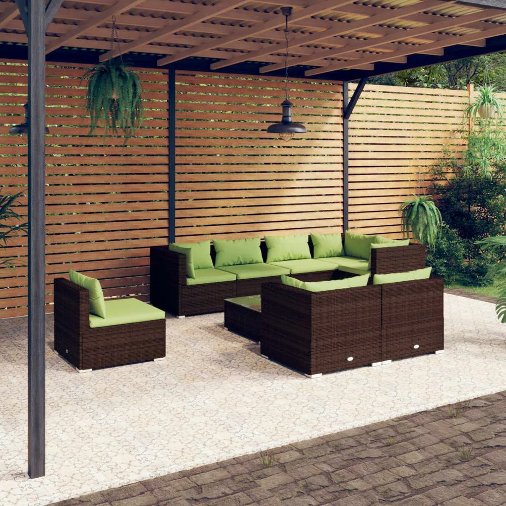 vidaXL 9 pcs conjunto lounge de jardim c/ almofadões vime PE castanho