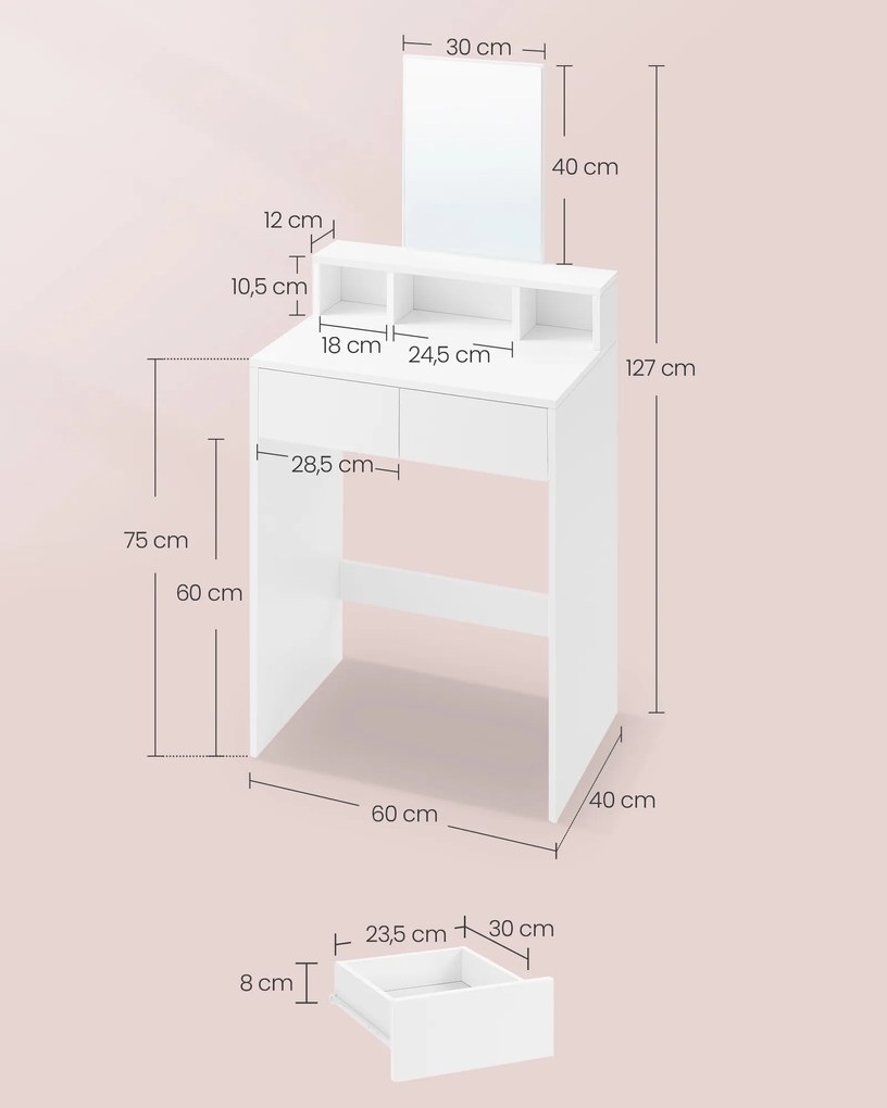 Toucador com espelho e 2 gavetas 40 x 60 x 127 cm; 17,7 branco