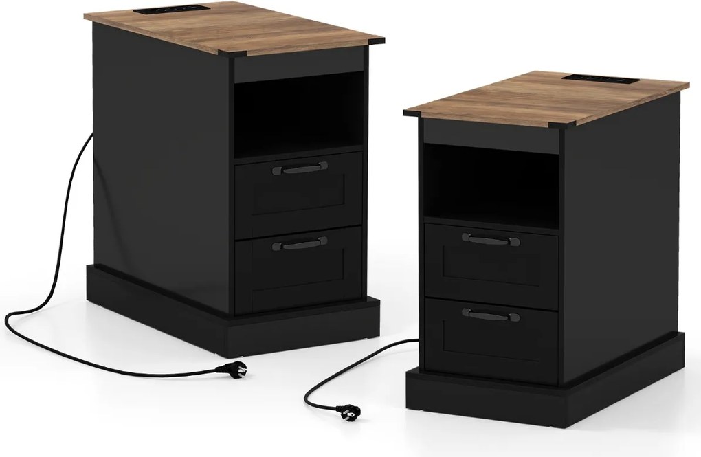 Conjunto de 2 mesas de cabeceira, mesas apoio rústicas com estação de carregamento e 2 gavetas Pretas e castanhas