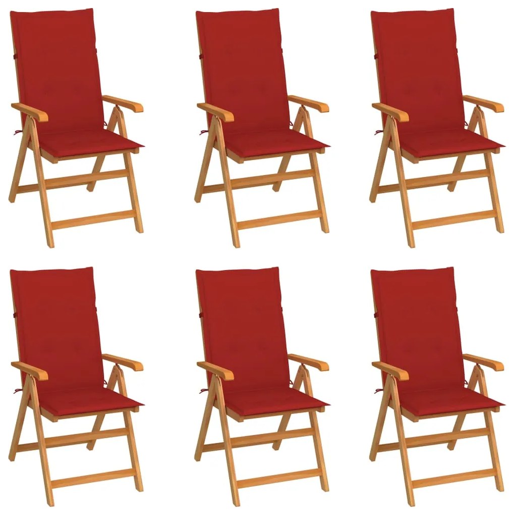 vidaXL Cadeiras de jardim c/ almofadões vermelhos 6 pcs teca maciça