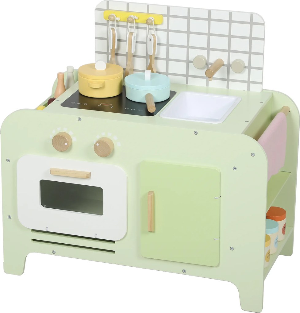 AIYAPLAY Conjunto de cozinha infantil, MDF, 15 acessórios, armários, 40 cm, a partir de 3 anos, Verde | Aosom Portugal