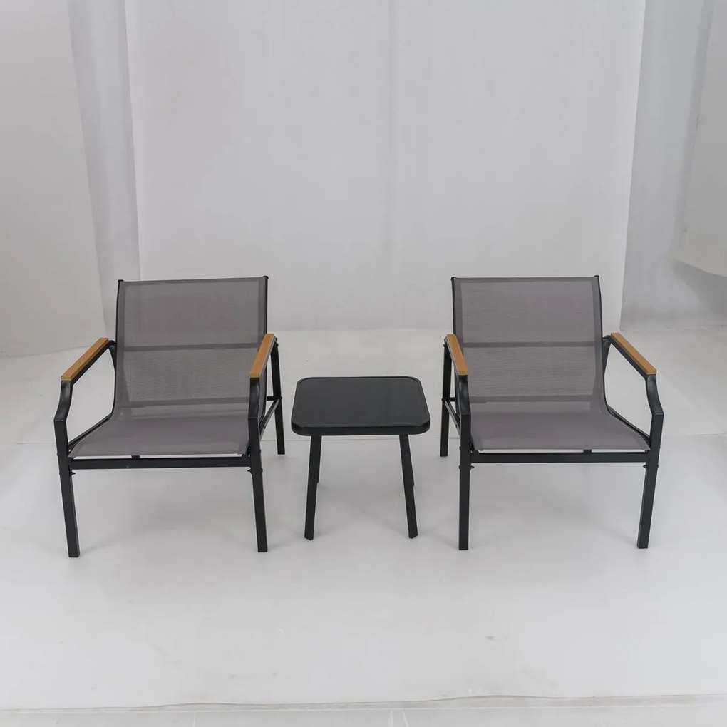 Conjunto de cadeiras de exterior de 3 peças com estrutura de metal e mesa com assento de tecido e braços de madeira-plástico cinzento