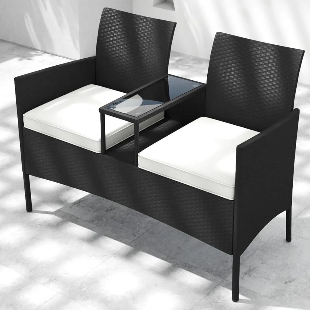 Banco de jardim com mesa integrada de rattan para 2 pessoas com almofadas macias e mesa de vidro temperado para jardim ou terraço preto e branco