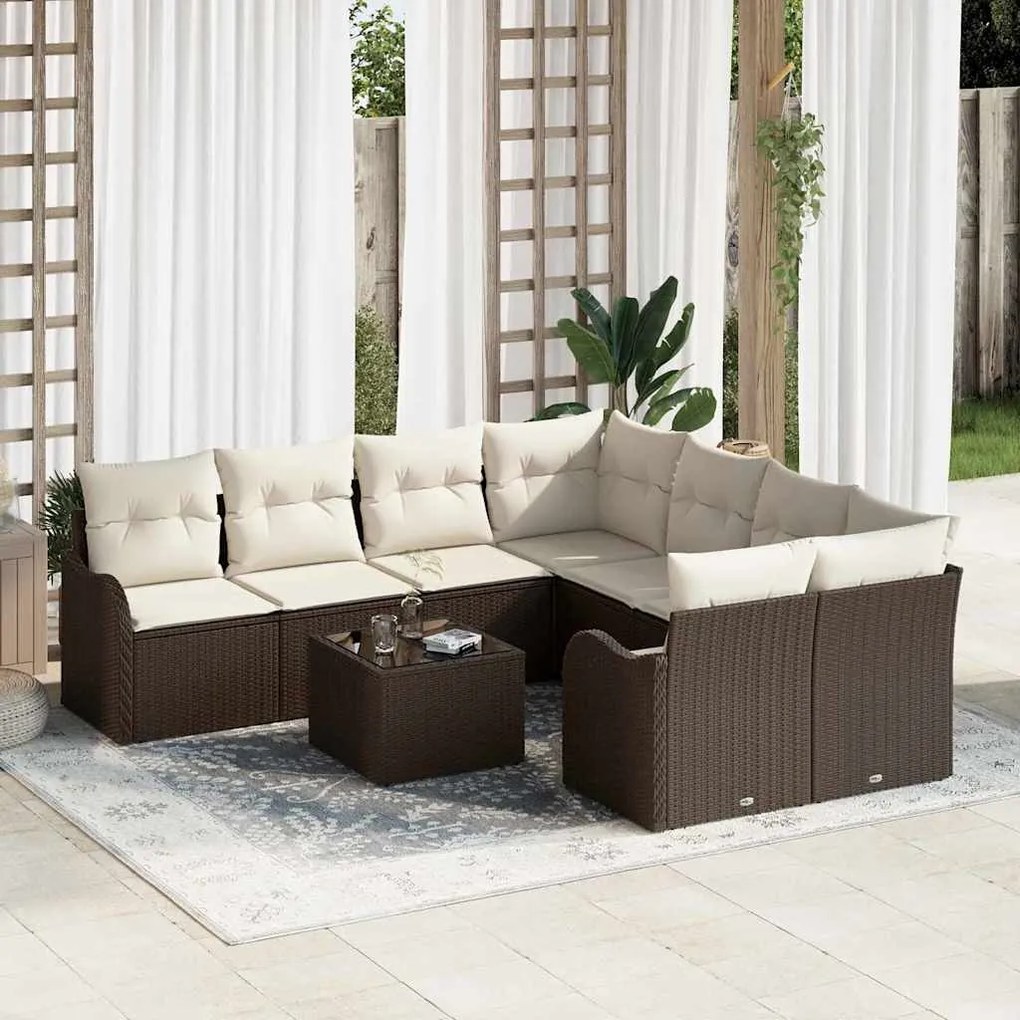 vidaXL Conjunto de Sofá de Jardim com almofada 9 pcs Marrom e Creme