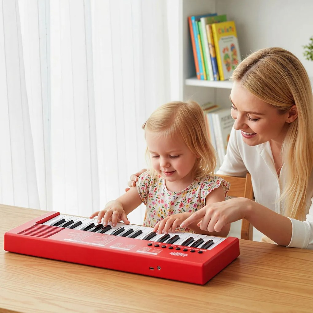 Teclado de piano para crianças Piano elétrico portátil de 37 teclas com 8 ritmos, 8 tons e 22 demos Instrumento musical eletrónico vermelho