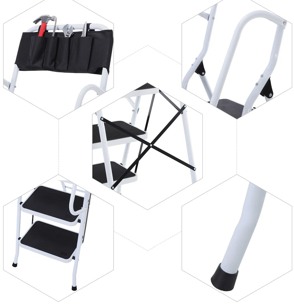 HOMCOM Escada Dobrável com 4 Degraus Escada de Metal com Apoio para os Braços e Suporte para Ferramentas Carga Máxima 150 kg 50x83x155 cm Branco e Preto