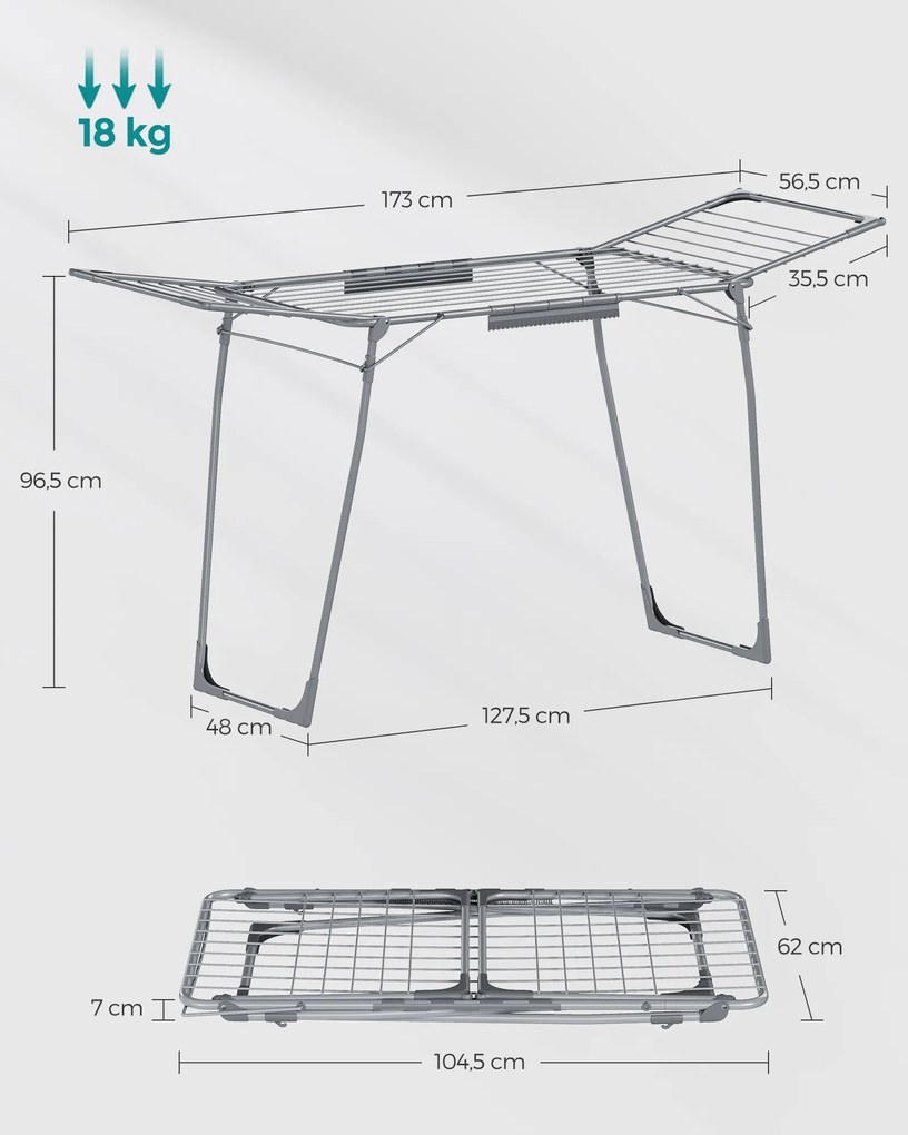 Estendal para roupa com suporte para meias em metal  56,5 x 173 x 96,5 cm cinzento