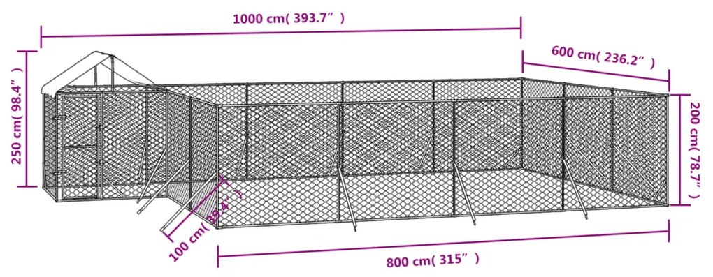 Canil de exterior com teto 10x6x2,5 m aço galvanizado prateado