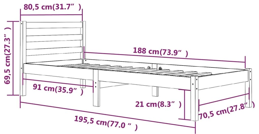 Estrutura de cama pequena solteiro 75x190cm pinho maciço branco