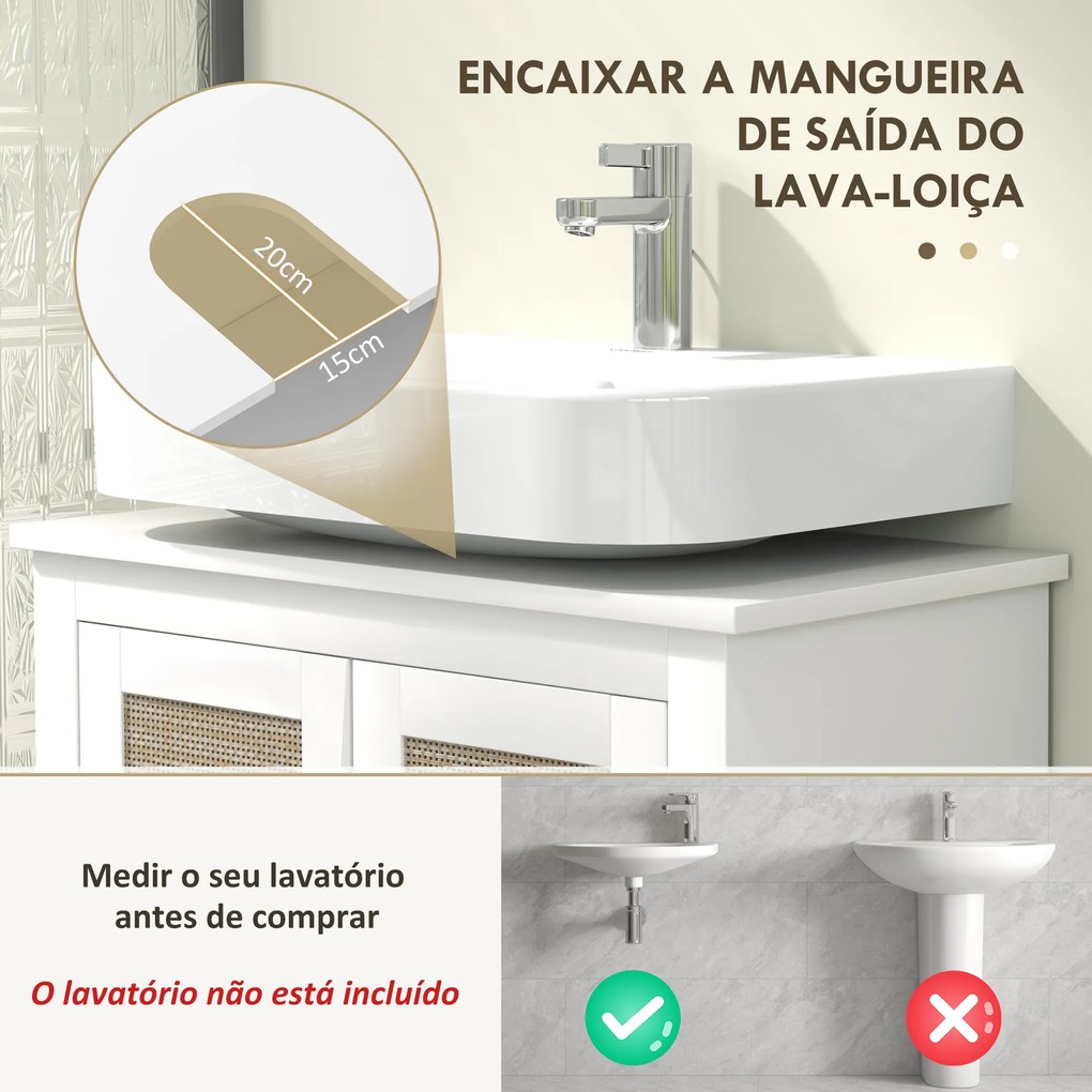 HMóvel para Lavatório (NÃO INCLUIDO) Pousar com 2 Portas de Vime PE 2 Prateleiras e Sistema Anti-Tombo para Casa de Banho 60x30x30 cm Branco