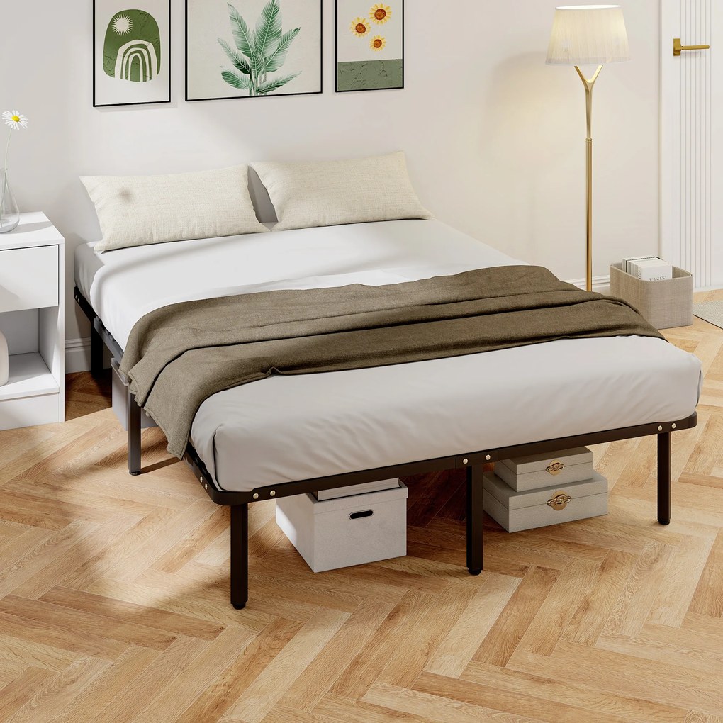 Estrutura Cama 140x190 cm (COLCHÃO NÃO INCLUIDO) Estrado de Cama de Plataforma de Aço com Ripas de Álamo Fácil de Montar Carga 350 kg Preto