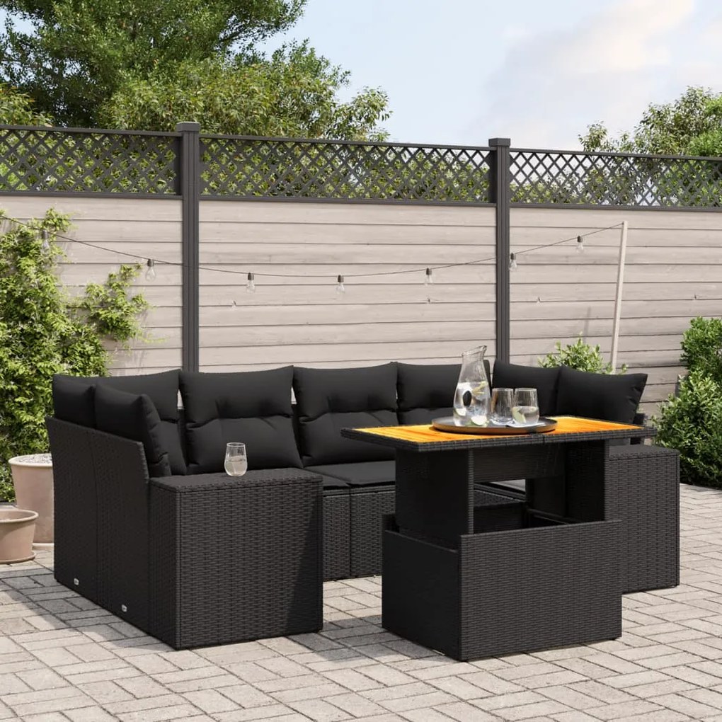 7 pcs conjunto de sofás p/ jardim c/ almofadões vime PE preto