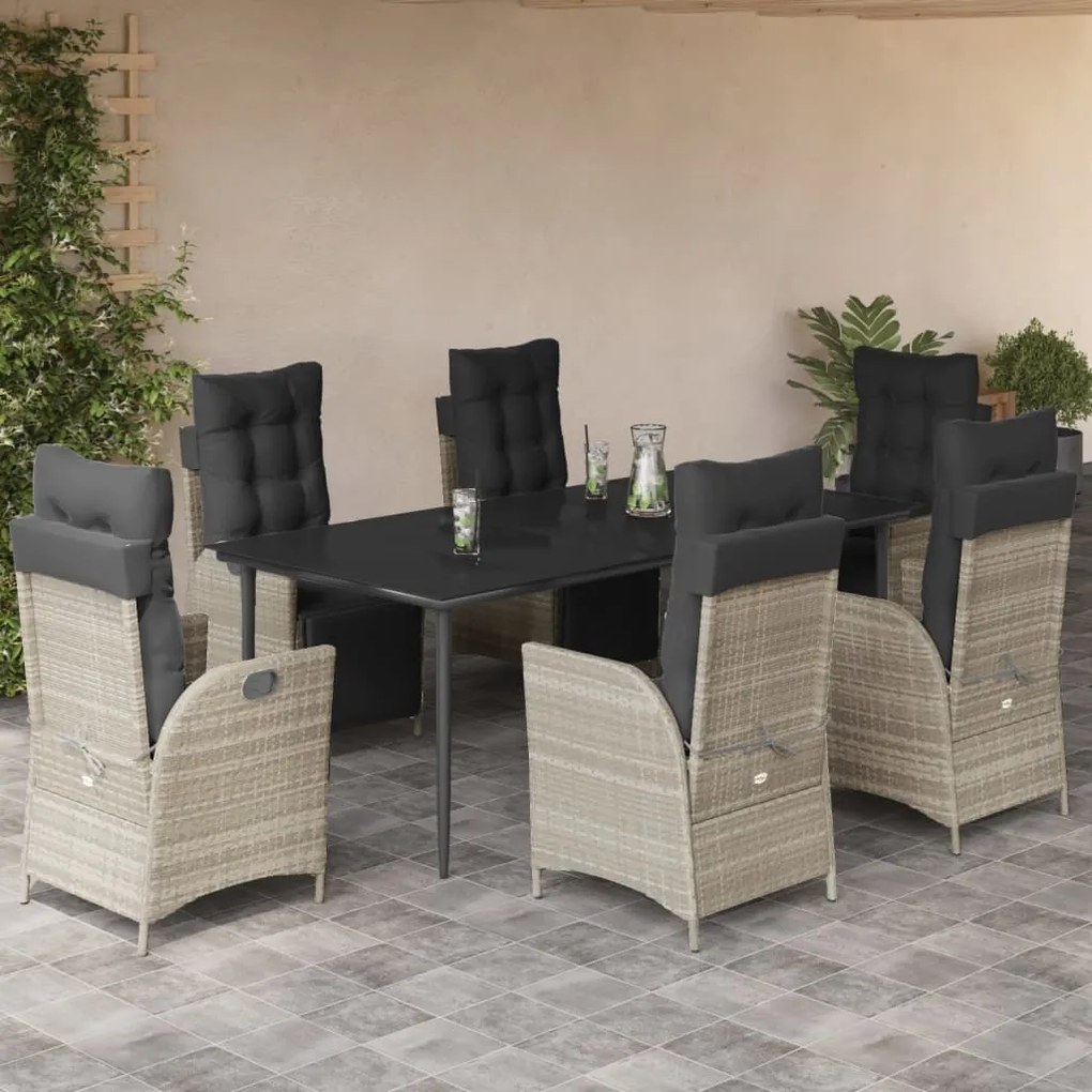 vidaXL 7 pcs conj. jantar p/ jardim c/ almofadões vime PE cinza-claro
