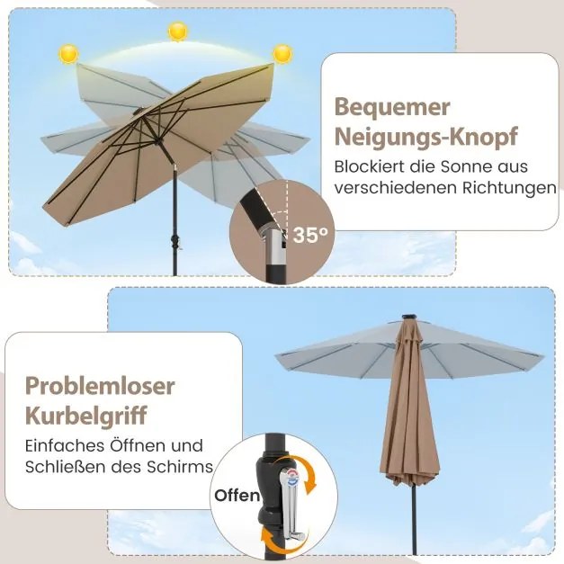 Guarda-sol de 300 cm com iluminação LED solar, 9 modos de iluminação, guarda-sol de jardim com manivela, café
