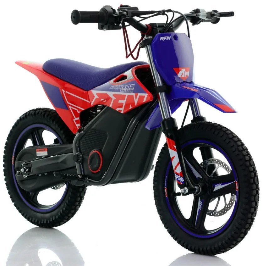 Mini moto elétrica para crianças velocidade até 35Km/h C/Limitador RFN Warrior SX-E500 500W 36V 14/14” Azul e Vermelho