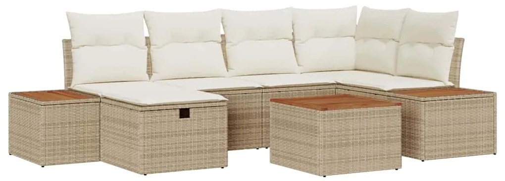 Conjunto de Sofá de Jardim de 7 Peças com Almofadas Bege Rattan Poly