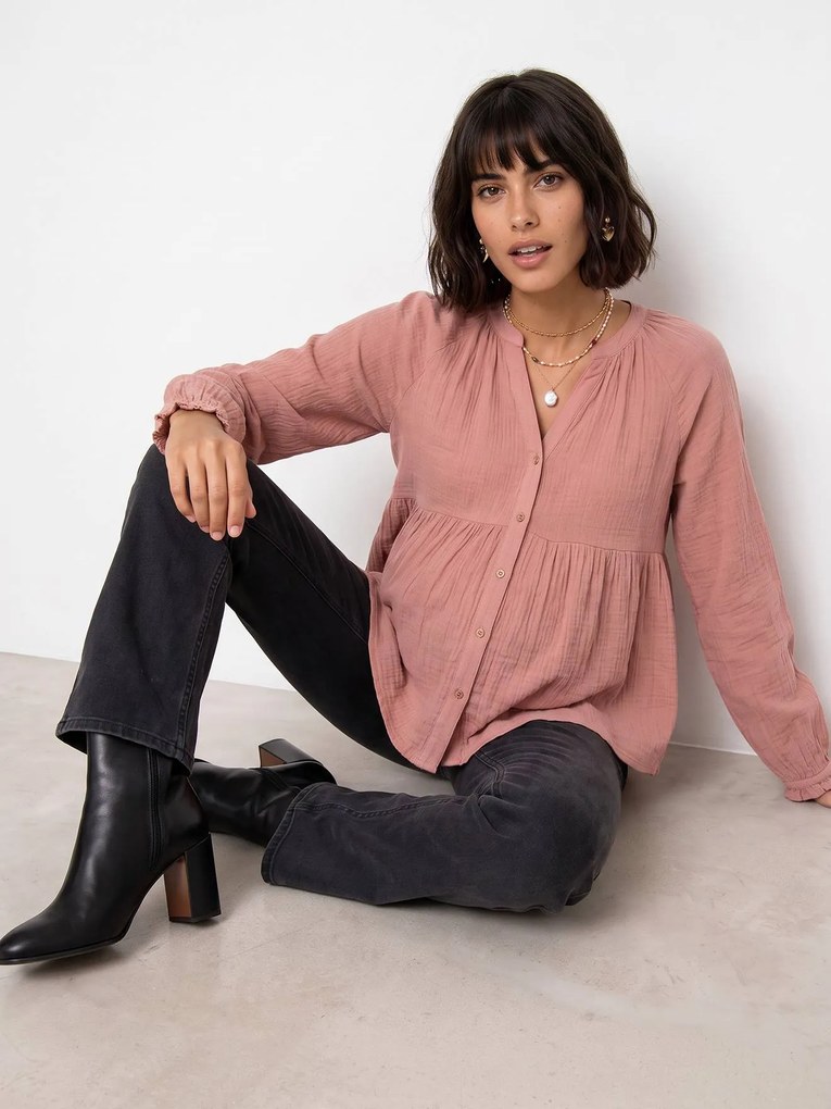 Blusa para gravidez e amamentação em gaze de algodão biológico*. pau-rosa