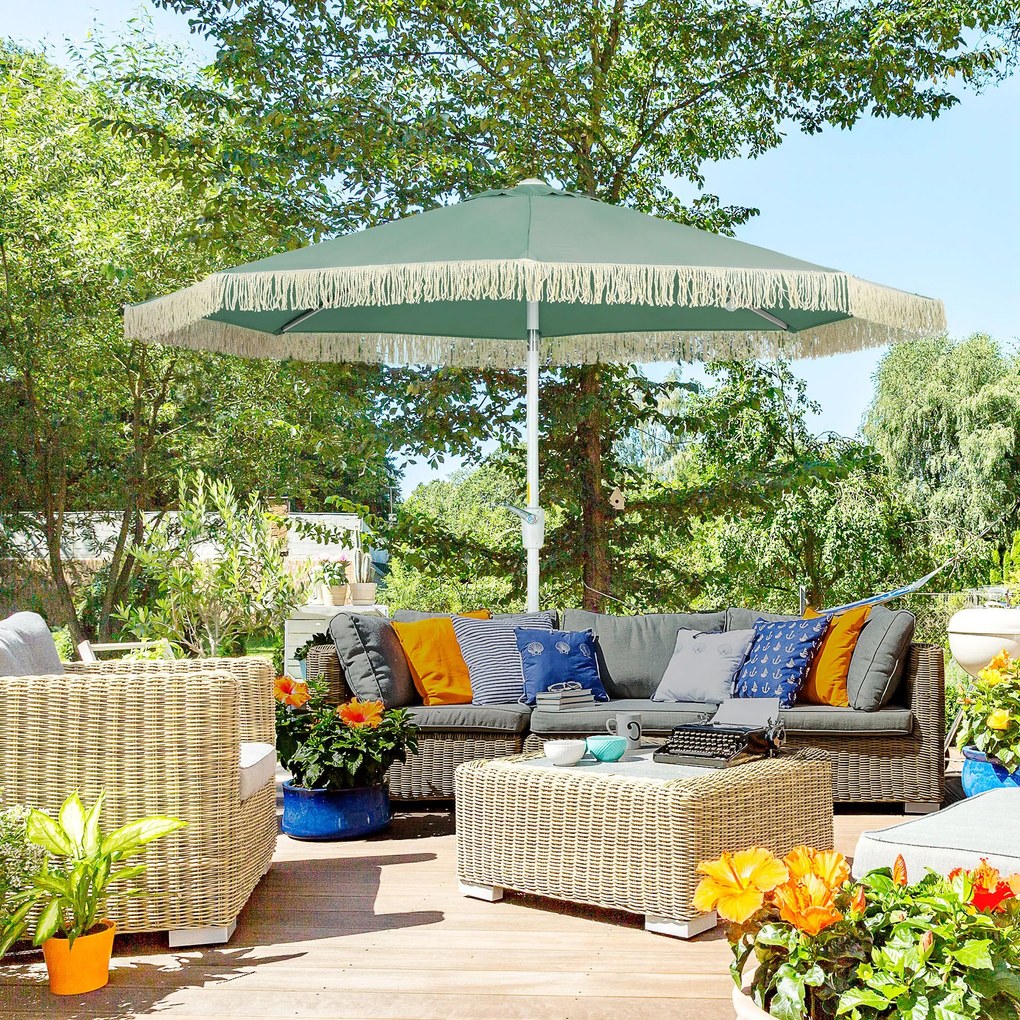 Guarda-sol de jardim, guarda-sol de exterior inclinável, guarda-sol com franjas e manivela, 8 varas, dimensões: Ø 2,65 x 2,45 m, verde