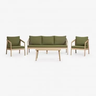 Conjunto De Jardim Com Sofá, 2 Poltronas E Mesa De Centro Em Madeira De Acácia Kaela Marrom Acácia Claro & 3 Lugares & Bouclé Verde Sálvia - Sklum