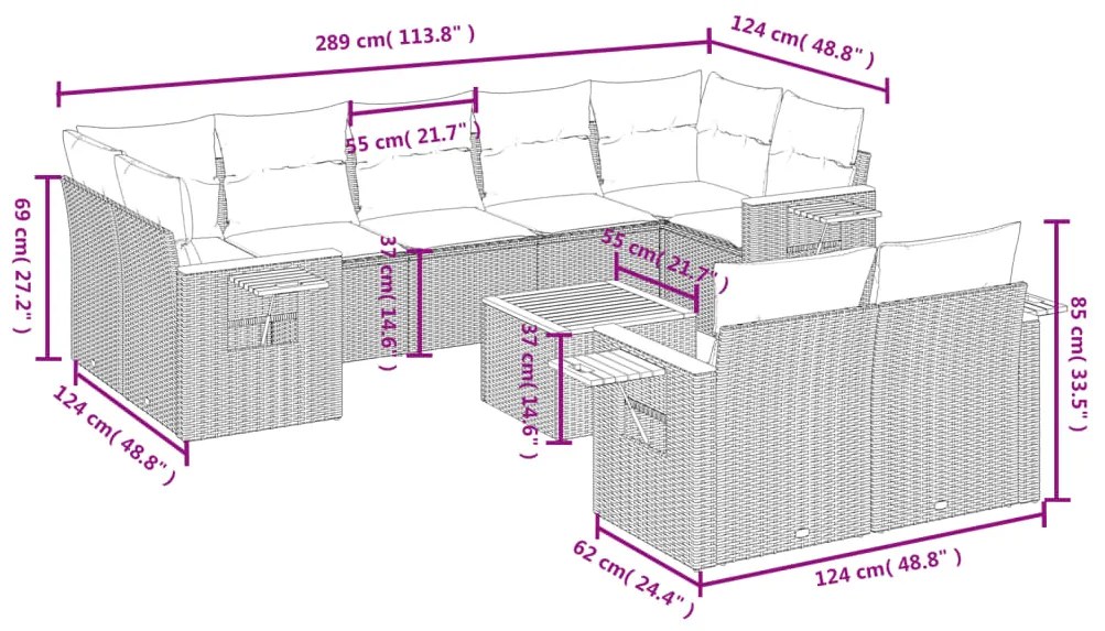 10 pcs conjunto de sofás p/ jardim com almofadões vime PE bege