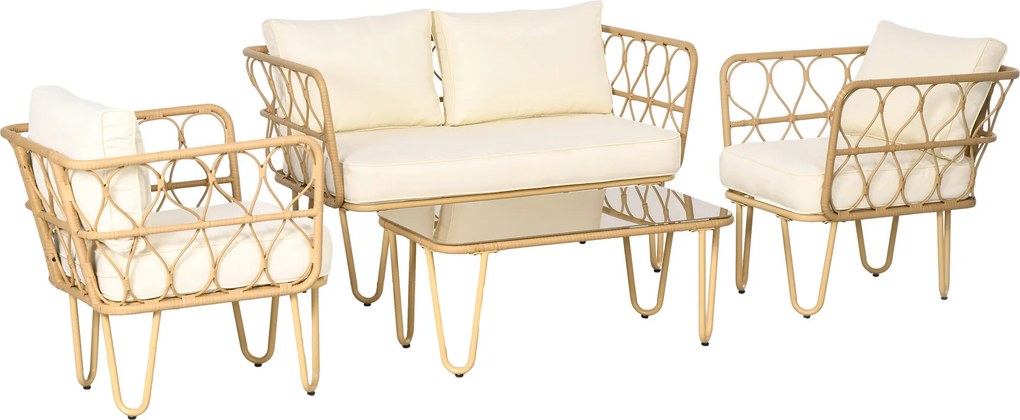 Outsunny Conjunto de jardim sofá 2 lugares + 2 poltronas + 1 mesa de centro tampo vidro temperado 7 almofadas cru | Aosom Portugal