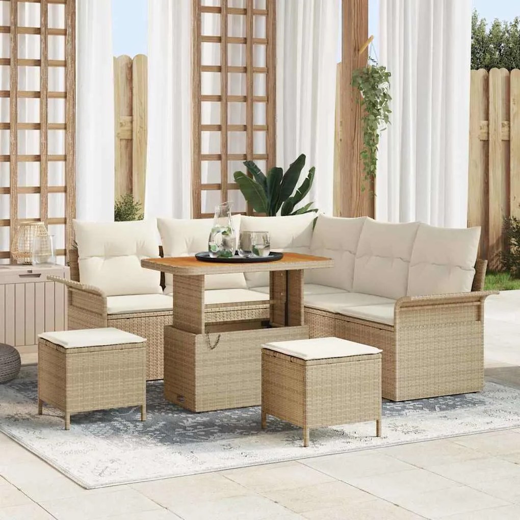 vidaXL Conjunto de Sofás de Jardim com 8 peças e almofadas de rattan bege, de acácia.