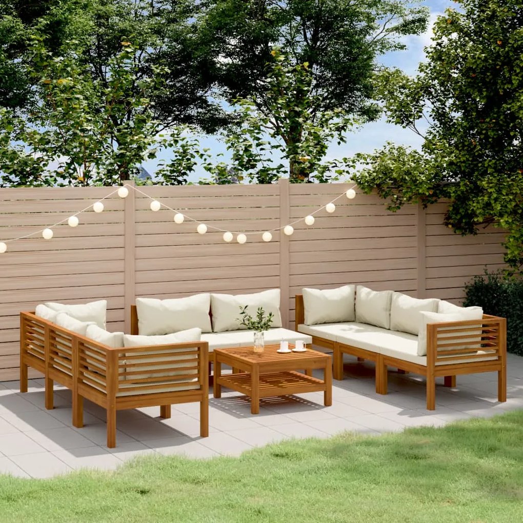vidaXL 9 pcs conjunto lounge jardim c/ almofadões creme acácia maciça
