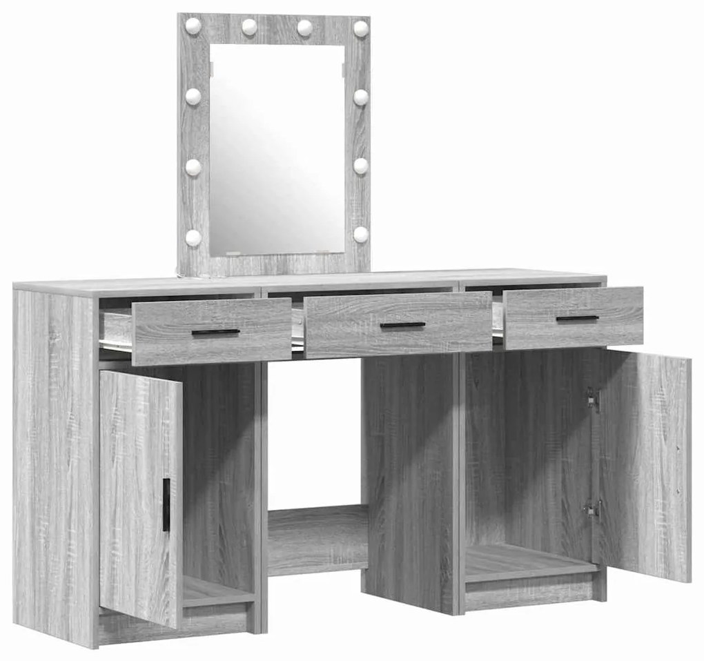 Conjunto de Mesa de Maquiagem de 3 Peças com LED Cinza Sonoma em Madei