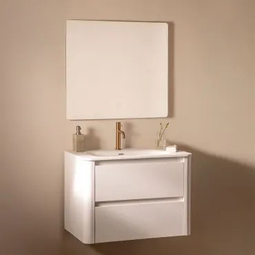 Conjunto De Móvel De Casa De Banho Suspenso 80x50 Cm Em Madeira Com Lavatório Integrado Egerton Branco & Led Retangular E Anti-embaciamento - Sklum